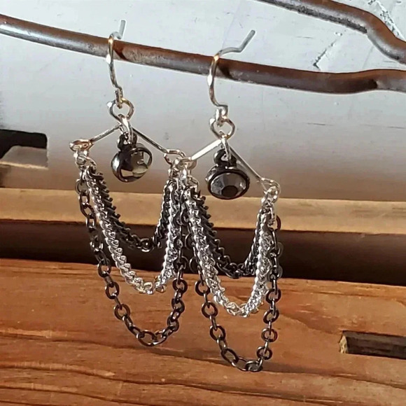 Silver Gunmetal Grey Handcrafted Triple Chain Crystal Dangle Earrings - Picture 4 of 8